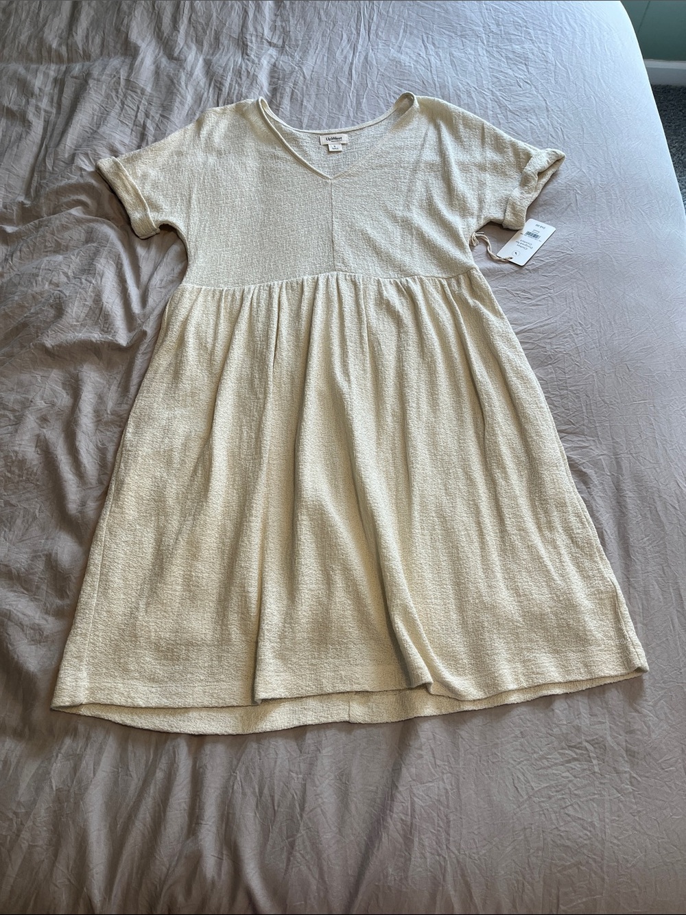 Textured V-Neck Casual Dress in Cream